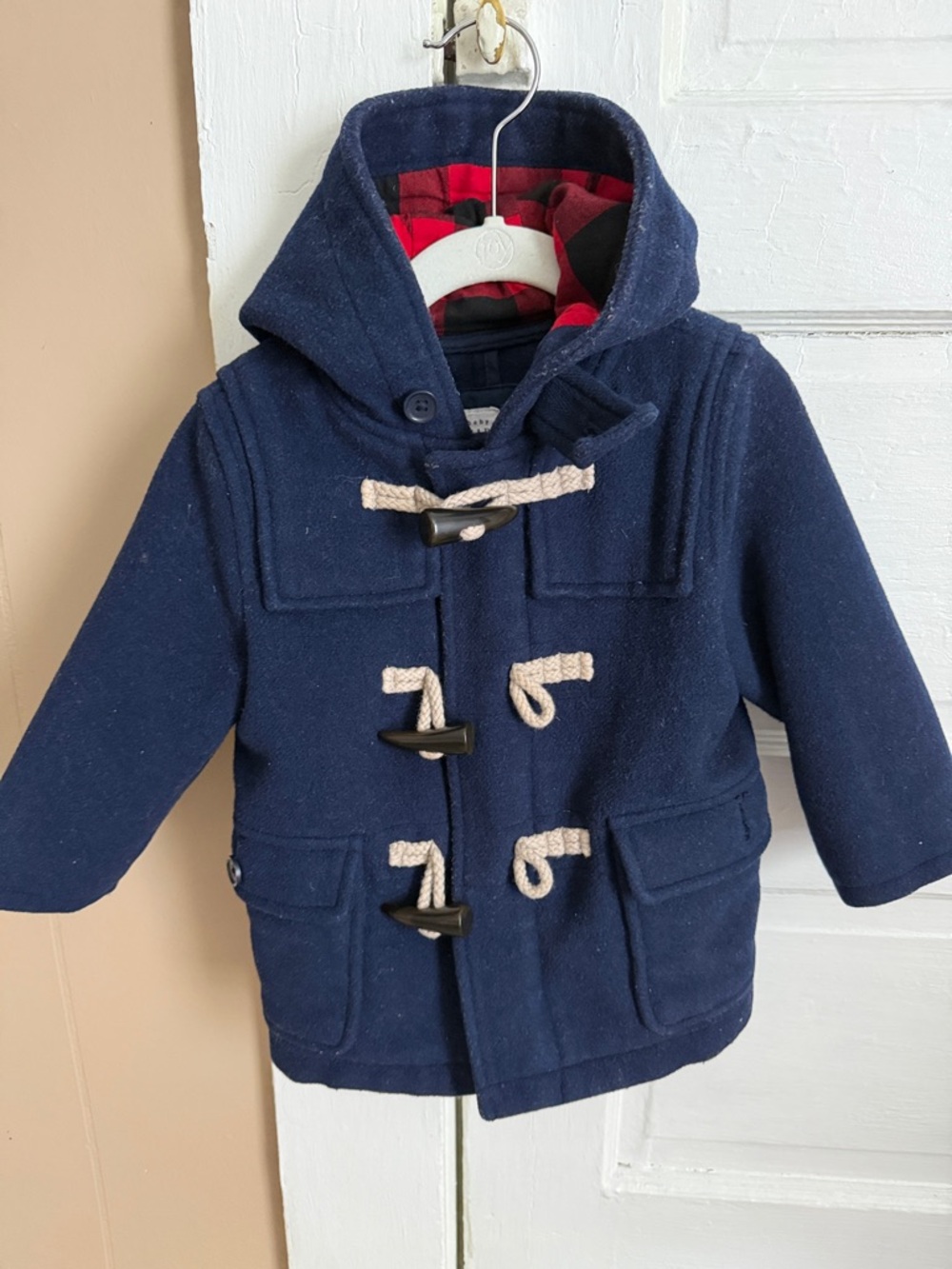 Baby GAP Navy Hooded Toggle Pea Coat with Red Plaid Lining